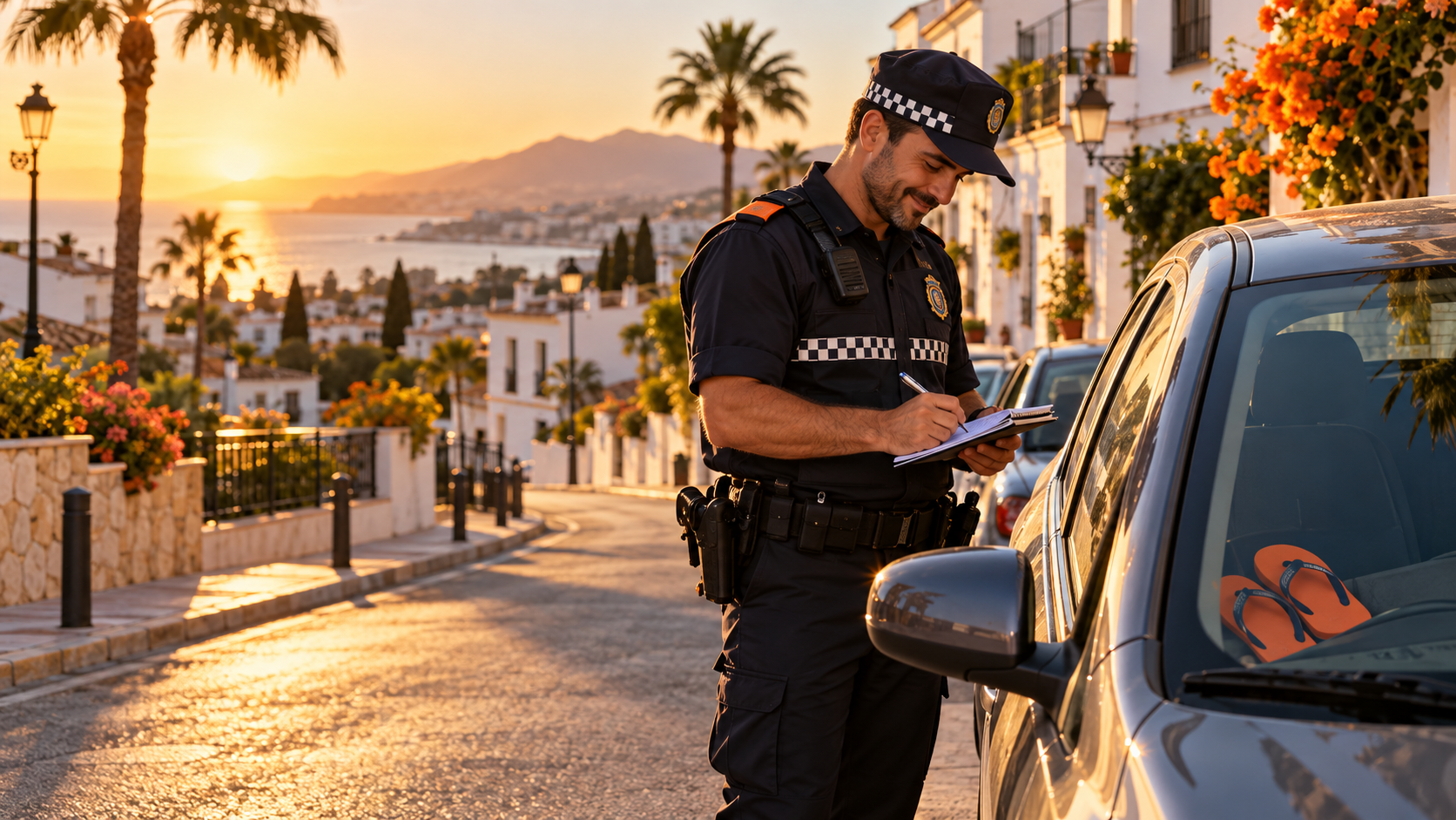 Illustratie van een vriendelijke Spaanse verkeersagent die een parkeerbon uitschrijft naast een auto aan de Costa del Sol.