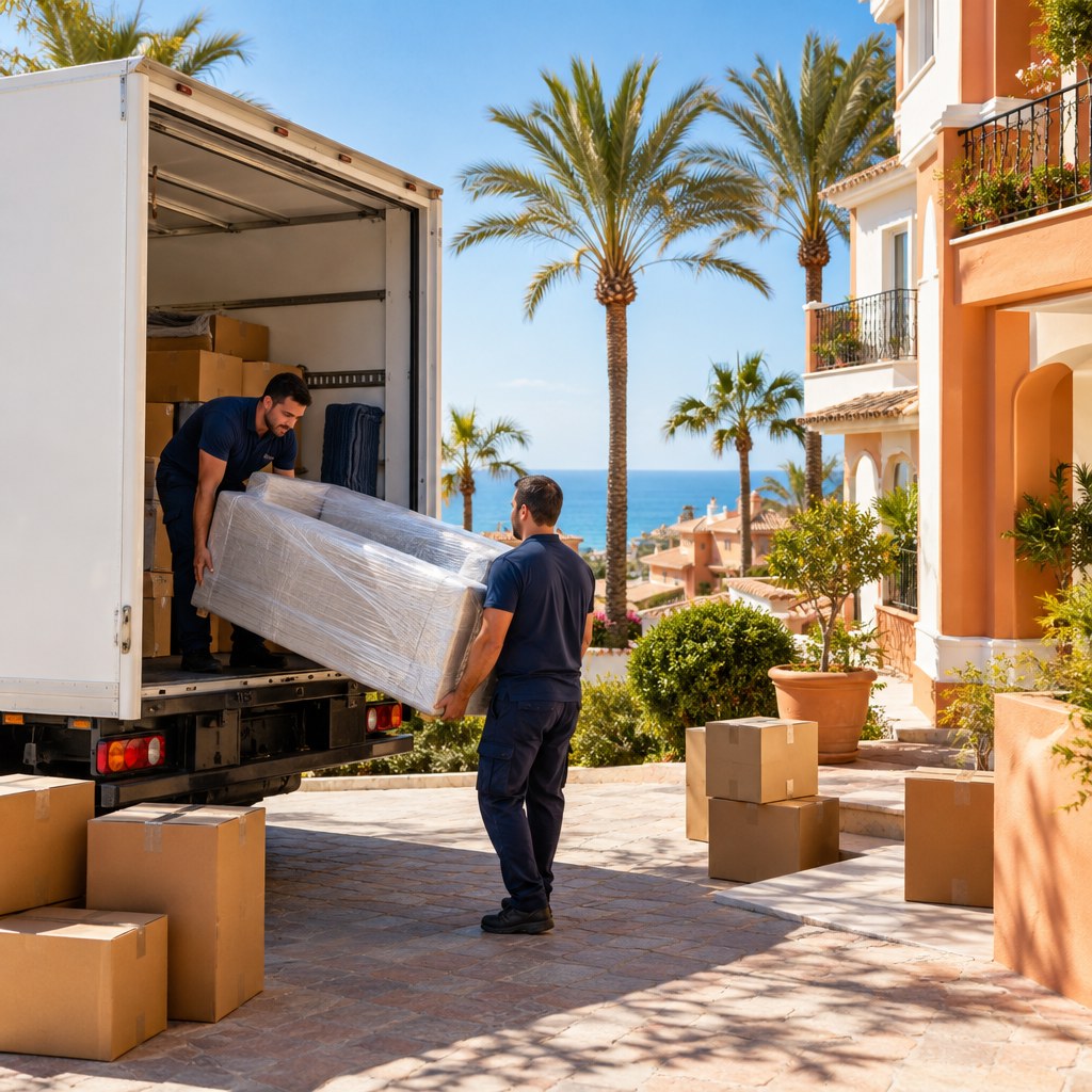 Verhuizers lossen meubels en verhuisdozen bij een woning aan de Costa del Sol