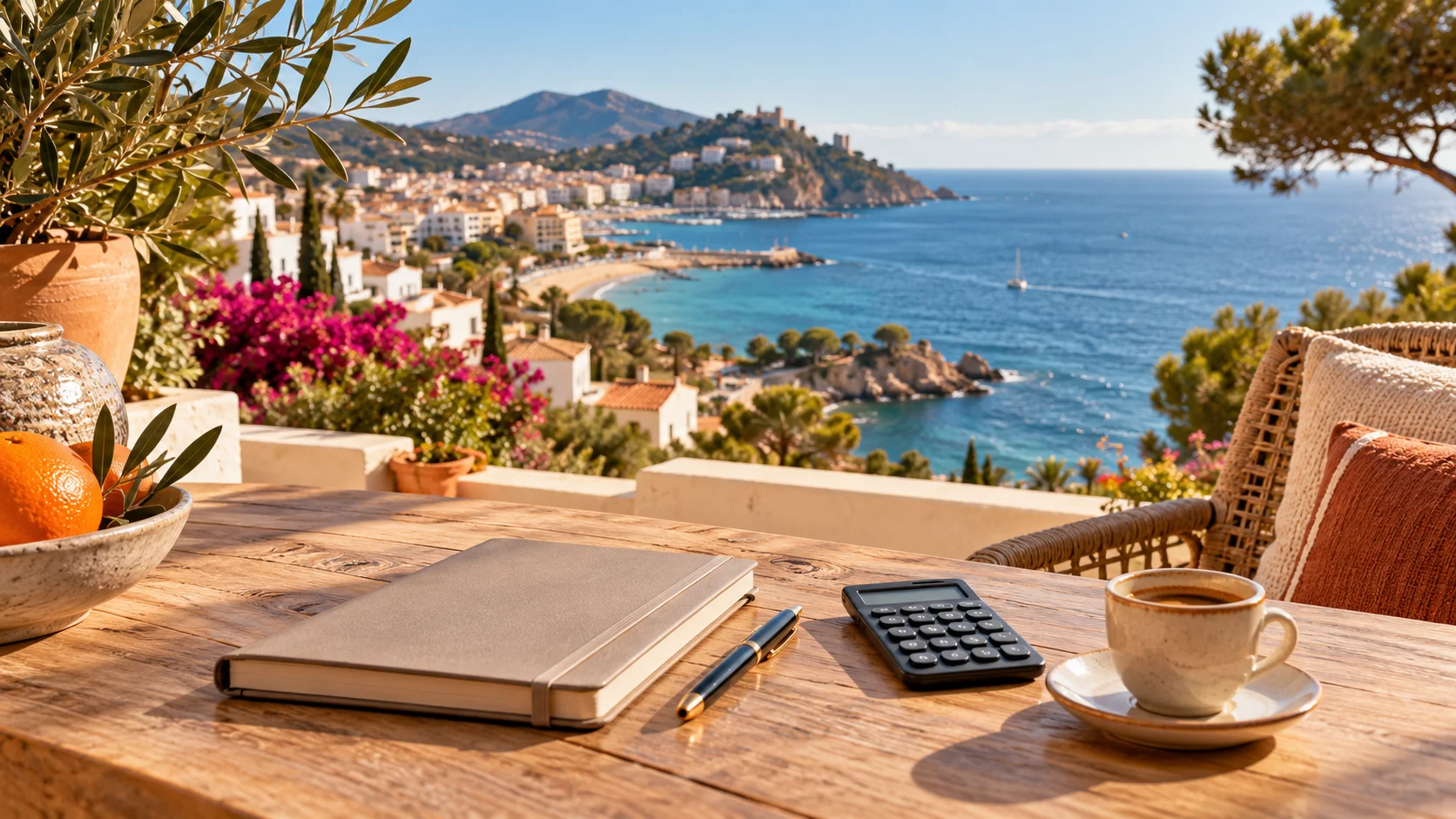 Terras aan de Spaanse kust met een notitieboek en rekenmachine