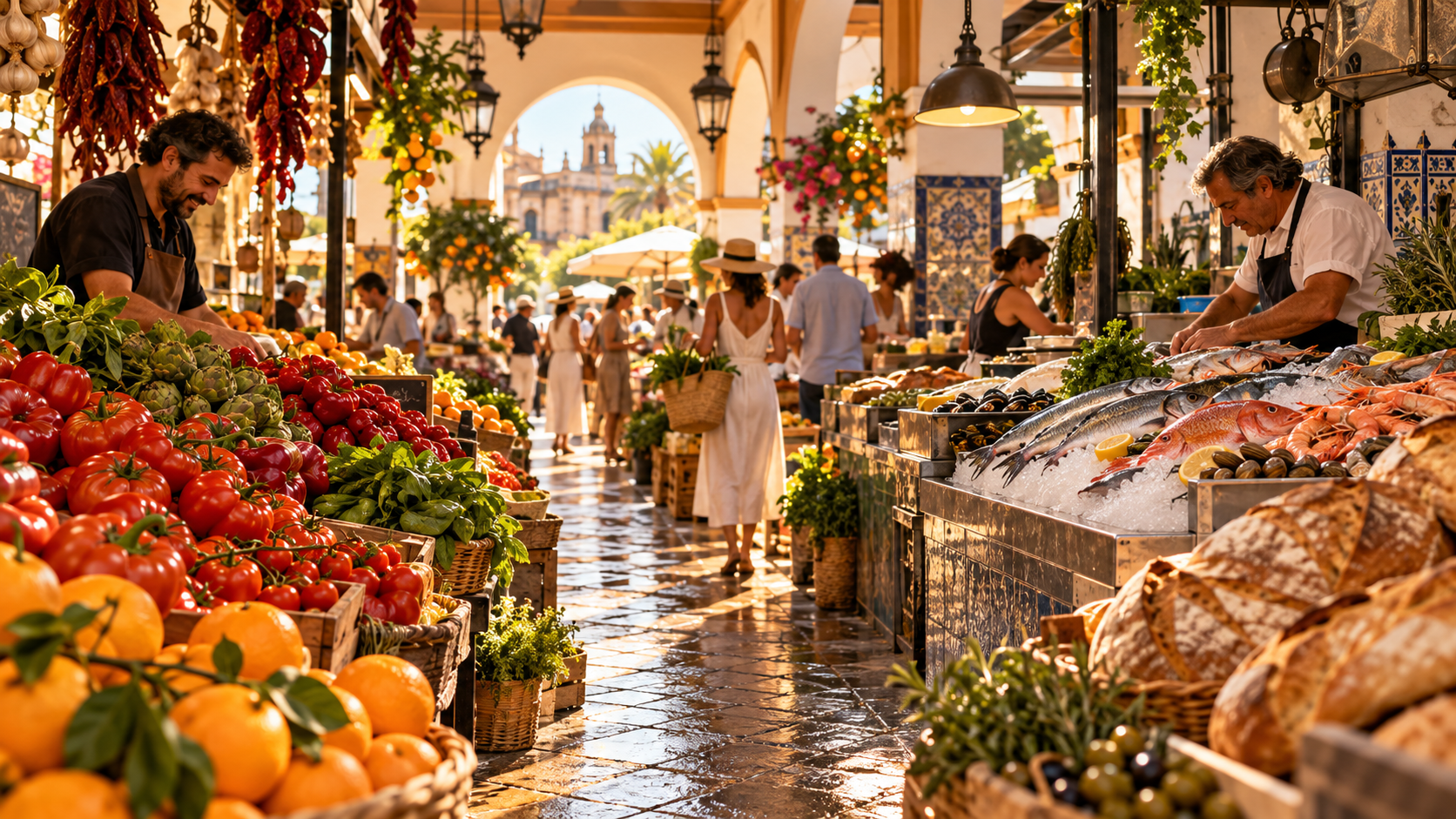 Verse groenten, brood en vis op een Spaanse markt