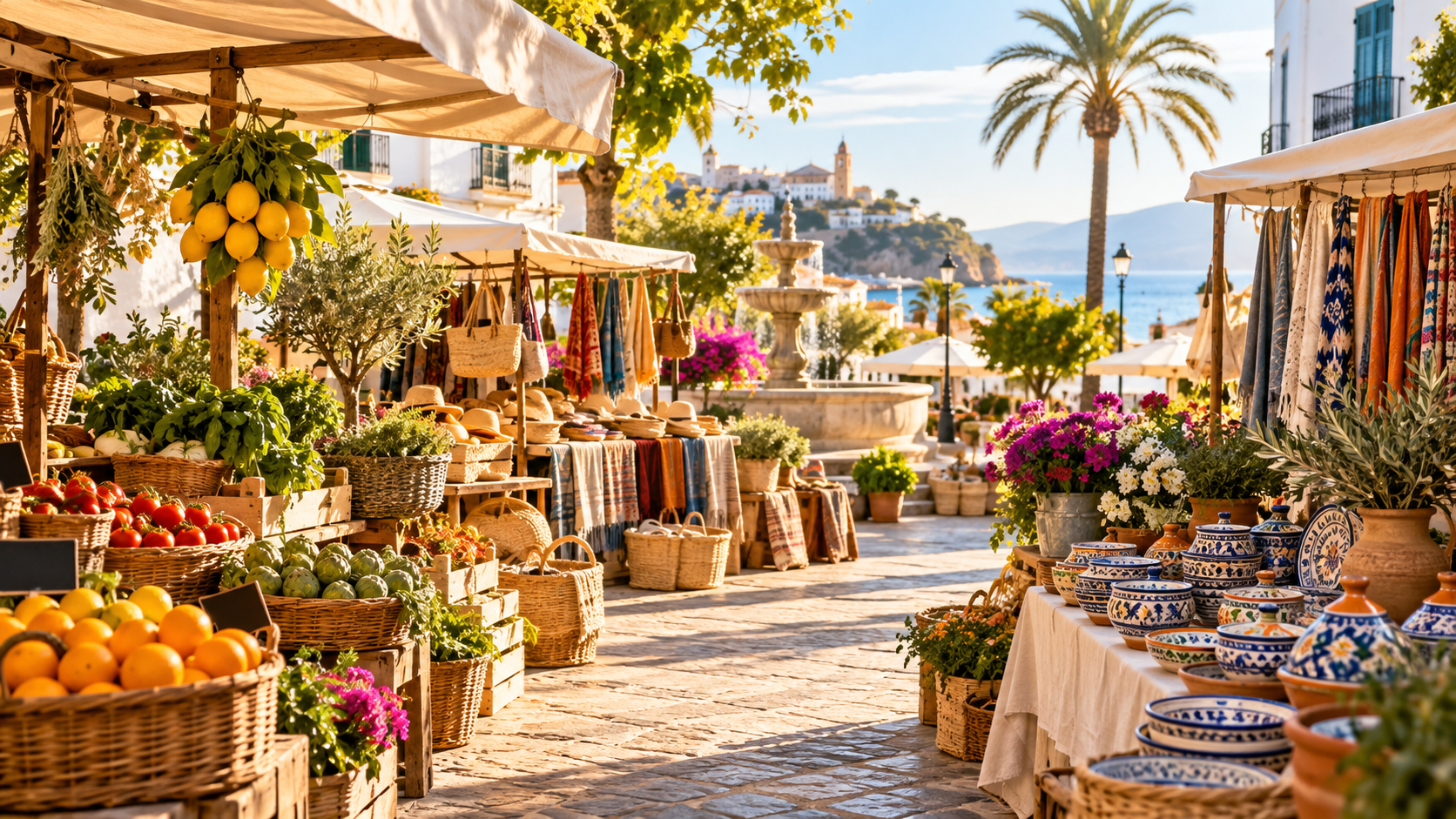 Een zonnige markt met groenten, bloemen en keramiek