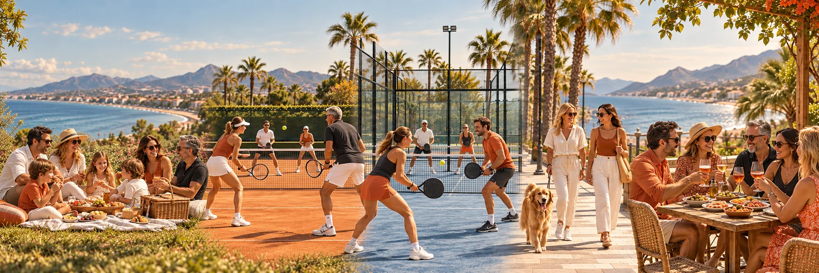 Gezinnen samen, tennis en padel, de hond uitlaten en gezellig borrelen aan de Costa del Sol