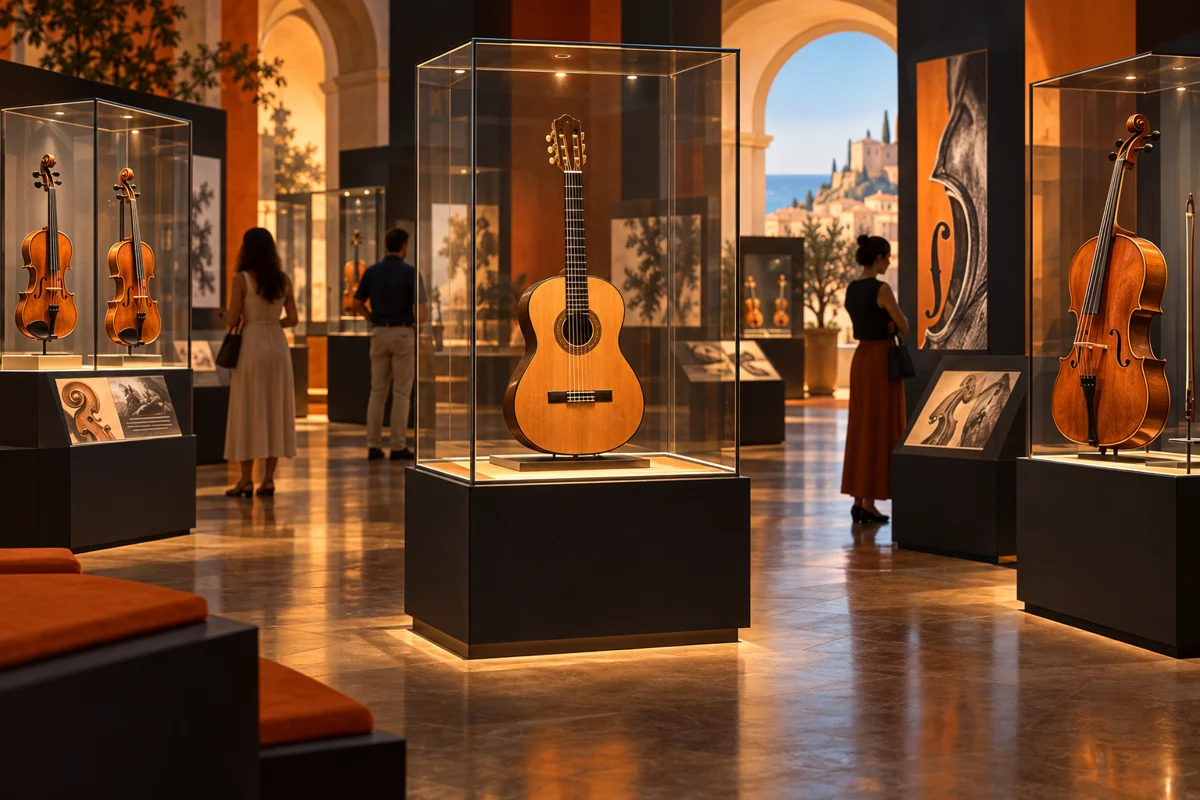 Illustratie van snaarinstrumenten in een museum
