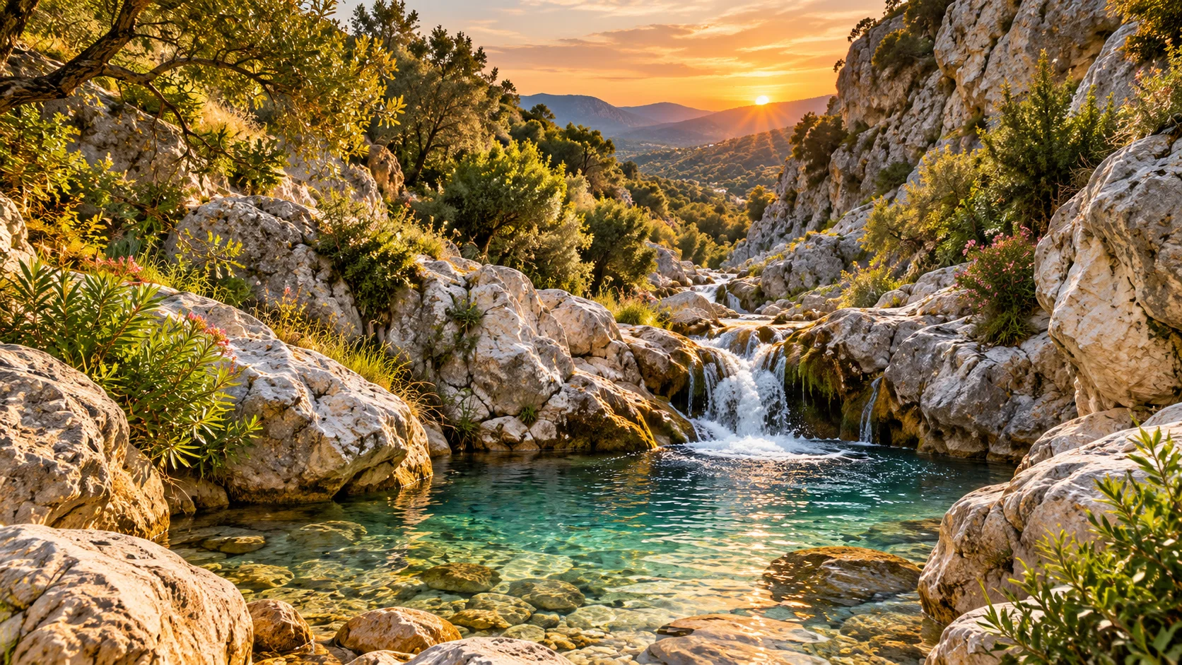 AI-sfeerbeeld van een mediterrane kloof met water, geïnspireerd op Barranco Blanco