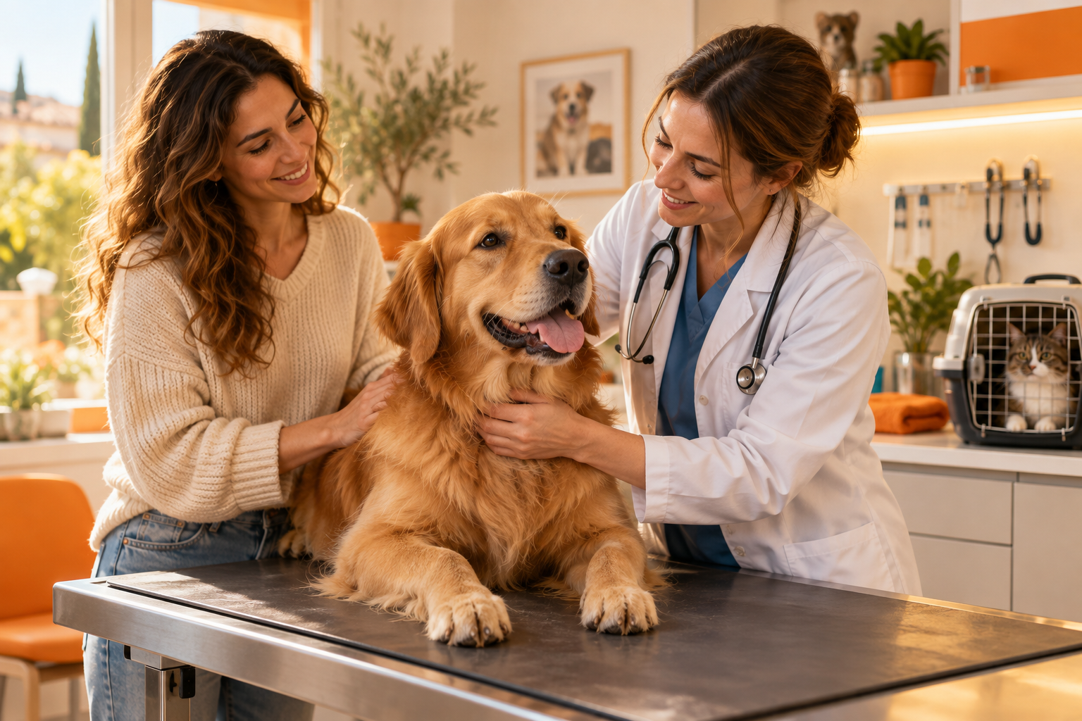 Een dierenarts met een hond en zijn eigenaar