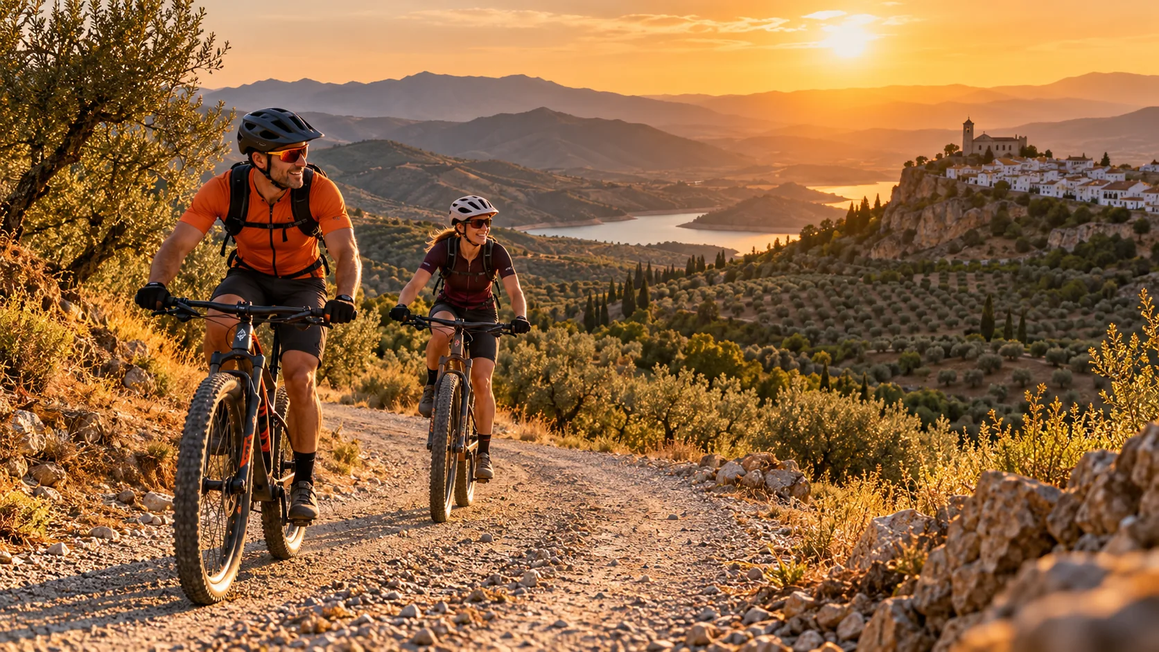 AI-sfeerbeeld van mountainbiken in een mediterraan landschap
