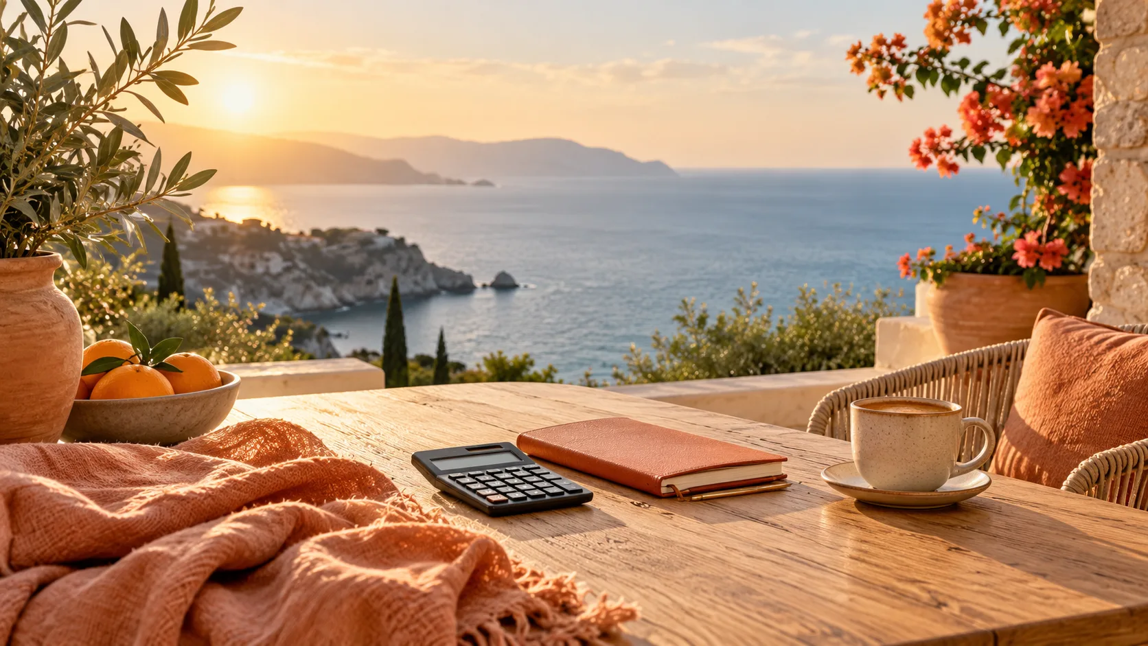 Notitieboek en rekenmachine op een terras aan de Spaanse kust