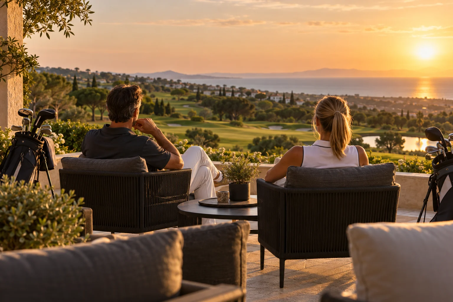 AI-sfeerbeeld van golfers op een terras met uitzicht op een kustbaan