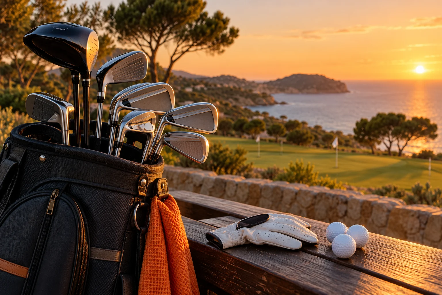 AI-sfeerbeeld van golfmateriaal en een golftas bij een kustbaan