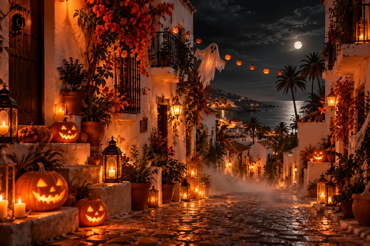 Sfeerillustratie van een Andalusisch straatje met Halloweenpompoenen en lantaarns