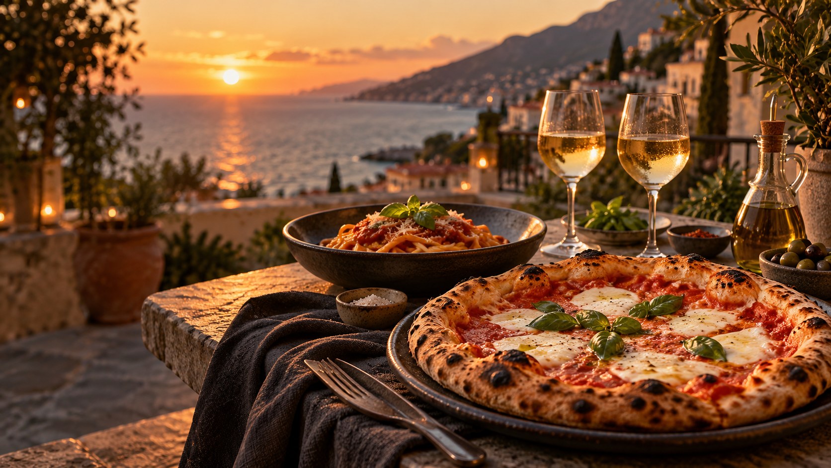 Digitale sfeerillustratie van pizza en pasta op een mediterraan terras