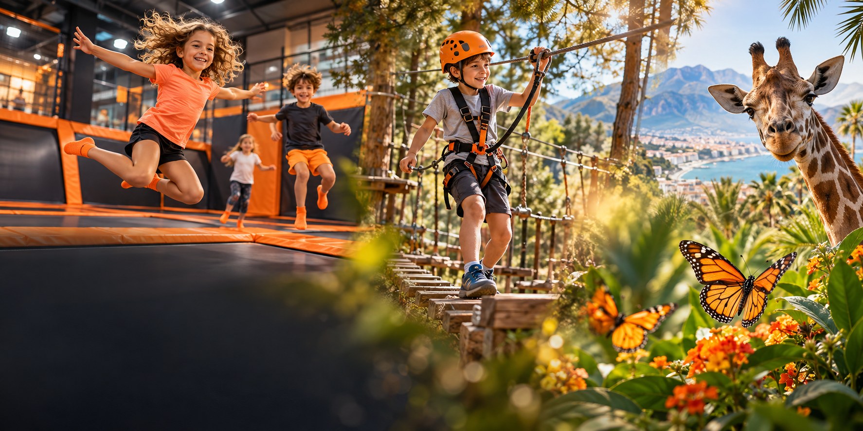 Sfeercollage met trampolines, boomklimmen en dieren