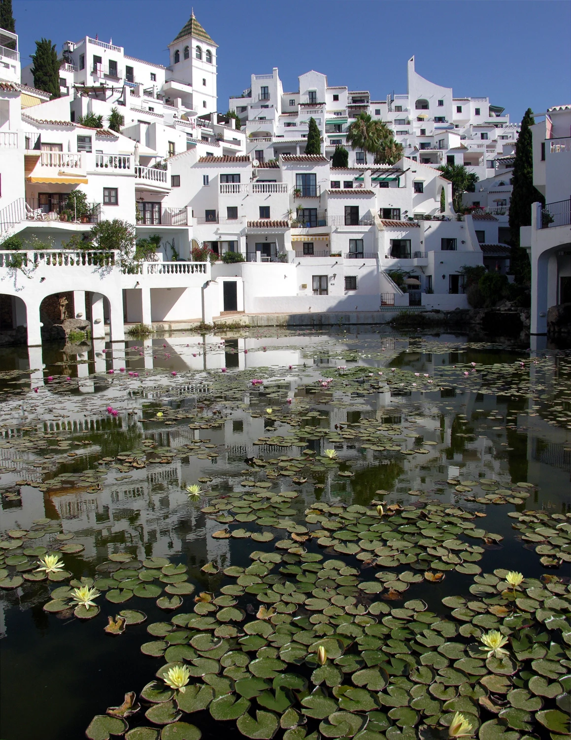 Witte woningen en vijver bij Capistrano Playa in Nerja