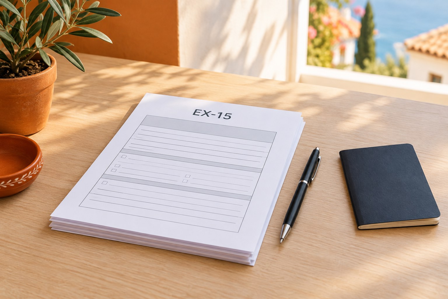 Illustratie van aanvraagpapieren met EX-15, een pen en een gesloten paspoort